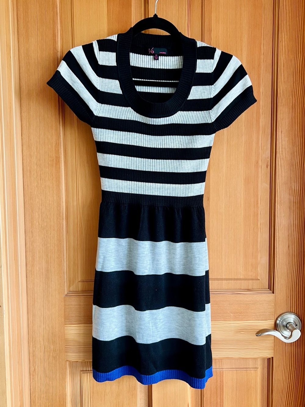 T/O Striped Short-Sleeve Knit Sweater Dress in Black and White